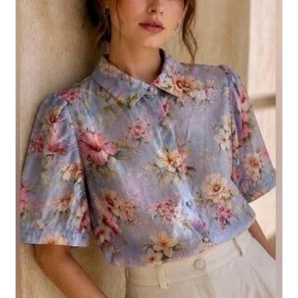 Lucky & Coco Top Size L Sheer Floral Button Front Blouse Puff Sleeve Blue